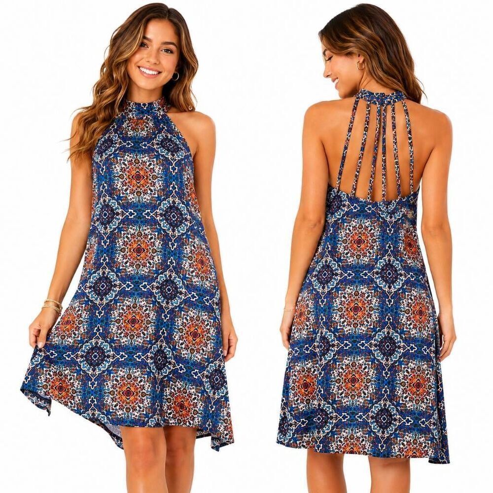 Vantiy Boho Mosaic Halter Swing Dress Open Back M